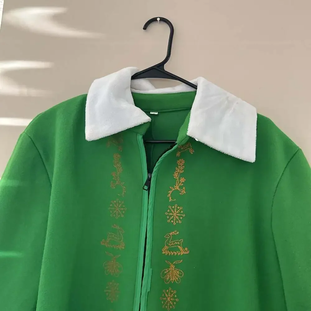 Christmas Elf Costume Long Green Jacket with White Fur Trim & Gold Embroidery S